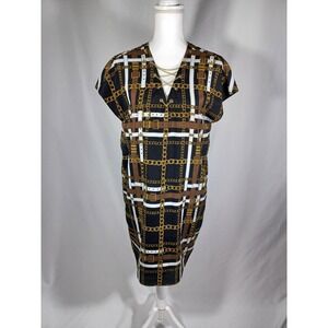 Michael Kors Dress Womens Medium Black Gold Chain Belt Print Shift V Neck